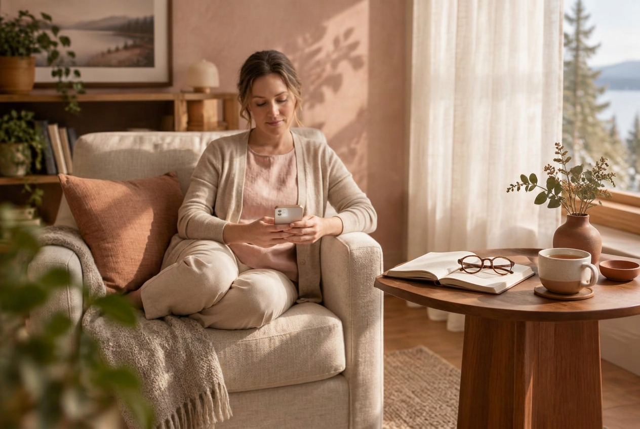 A calm sunlit corner with an open notebook, reading glasses, and a warm drink, ready for appointment preparation